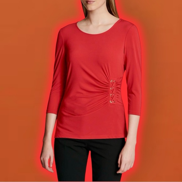 Calvin Klein ‘3/4 Sleeve Ruched Lace Up Detail Pullover Blouse’ Coral Red Size S - Picture 4 of 15